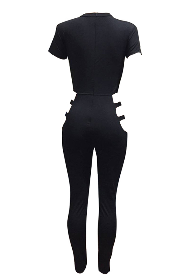  Sexy Round Neck Hollow-out Black Polyester One-piece Jumpsuits