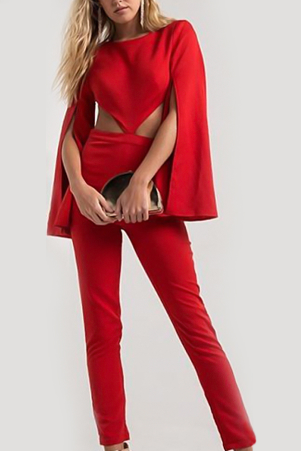  Sexy Round Neck Hollow-out Red Polyester One-piece Jumpsuits