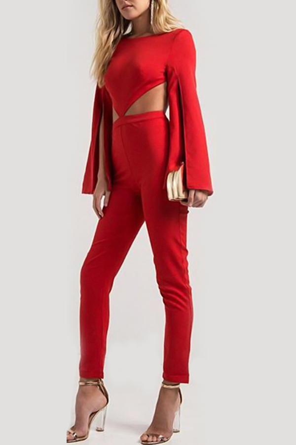  Sexy Round Neck Hollow-out Red Polyester One-piece Jumpsuits