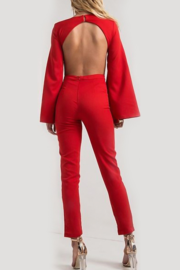  Sexy Round Neck Hollow-out Red Polyester One-piece Jumpsuits