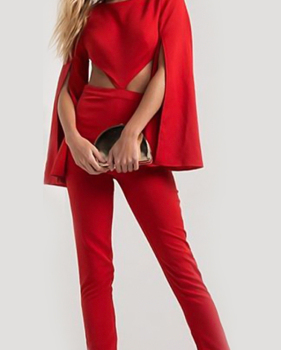  Sexy Round Neck Hollow-out Red Polyester One-piece Jumpsuits