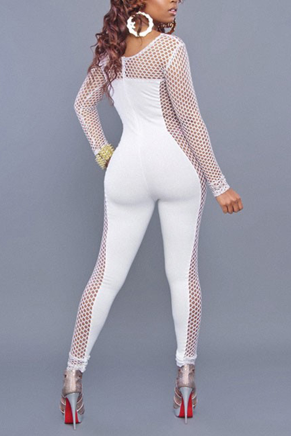  Sexy Round Neck Hollow-out White Polyester One-piece Jumpsuits