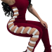  Sexy Round Neck Hollow-out Wine Red Polyester One-piece Jumpsuits