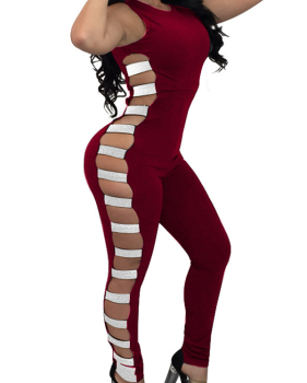  Sexy Round Neck Hollow-out Wine Red Polyester One-piece Jumpsuits