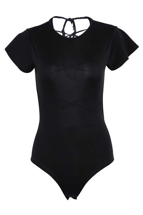  Sexy Round Neck Lace-up Hollow-out Black Polyester One-piece Bodysuit