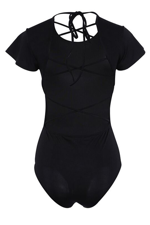  Sexy Round Neck Lace-up Hollow-out Black Polyester One-piece Bodysuit