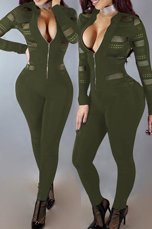  Sexy Round Neck Long Sleeves Gauze Patchwork Army Green Polyester One-piece Skinny Jumpsuits