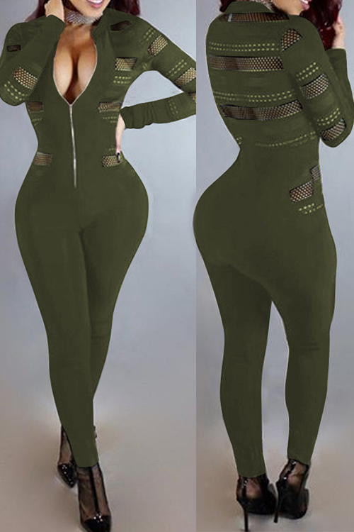  Sexy Round Neck Long Sleeves Gauze Patchwork Army Green Polyester One-piece Skinny Jumpsuits