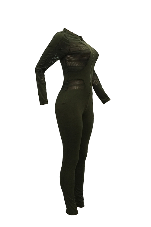  Sexy Round Neck Long Sleeves Gauze Patchwork Army Green Polyester One-piece Skinny Jumpsuits