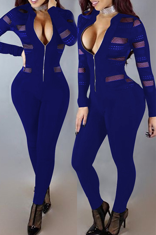  Sexy Round Neck Long Sleeves Gauze Patchwork Deep Blue Polyester One-piece Skinny Jumpsuits