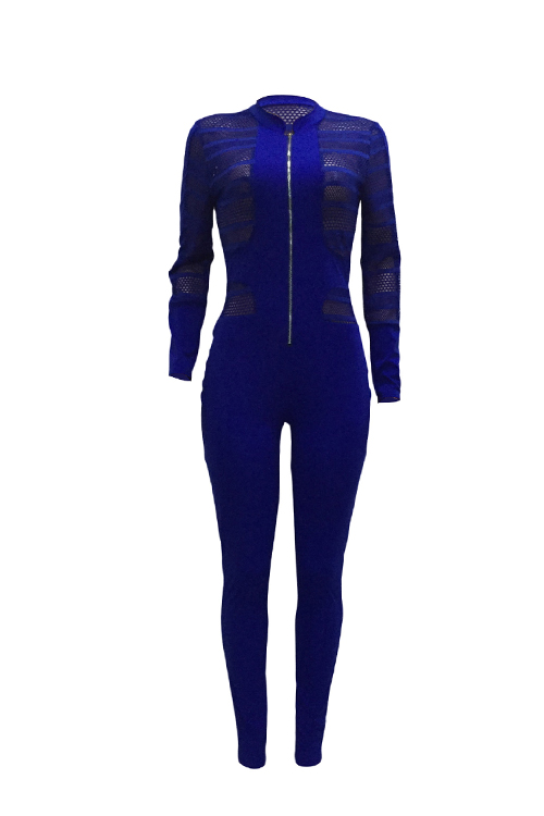  Sexy Round Neck Long Sleeves Gauze Patchwork Deep Blue Polyester One-piece Skinny Jumpsuits