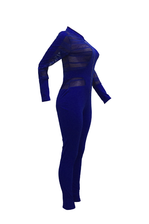  Sexy Round Neck Long Sleeves Gauze Patchwork Deep Blue Polyester One-piece Skinny Jumpsuits