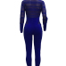  Sexy Round Neck Long Sleeves Gauze Patchwork Deep Blue Polyester One-piece Skinny Jumpsuits