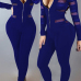  Sexy Round Neck Long Sleeves Gauze Patchwork Deep Blue Polyester One-piece Skinny Jumpsuits