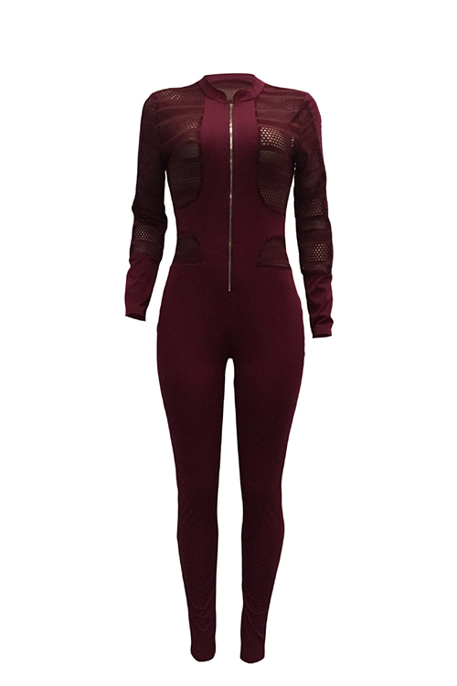  Sexy Round Neck Long Sleeves Gauze Patchwork Wine Red Polyester One-piece Skinny Jumpsuits