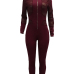  Sexy Round Neck Long Sleeves Gauze Patchwork Wine Red Polyester One-piece Skinny Jumpsuits