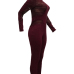  Sexy Round Neck Long Sleeves Gauze Patchwork Wine Red Polyester One-piece Skinny Jumpsuits