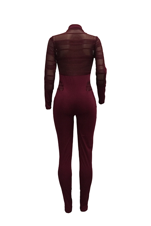  Sexy Round Neck Long Sleeves Gauze Patchwork Wine Red Polyester One-piece Skinny Jumpsuits