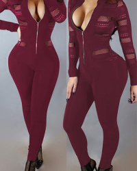  Sexy Round Neck Long Sleeves Gauze Patchwork Wine Red Polyester One-piece Skinny Jumpsuits