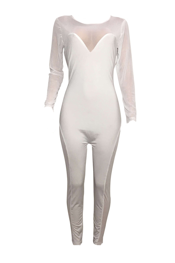  Sexy Round Neck See-Through White Polyester One-piece Jumpsuits