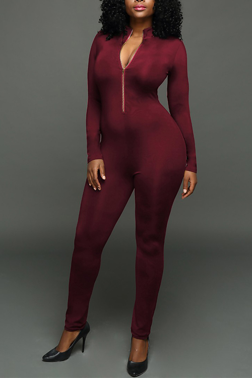  Sexy Round Neck Zipper Design Jujube-red Milk Fiber One-piece Skinny Jumpsuits