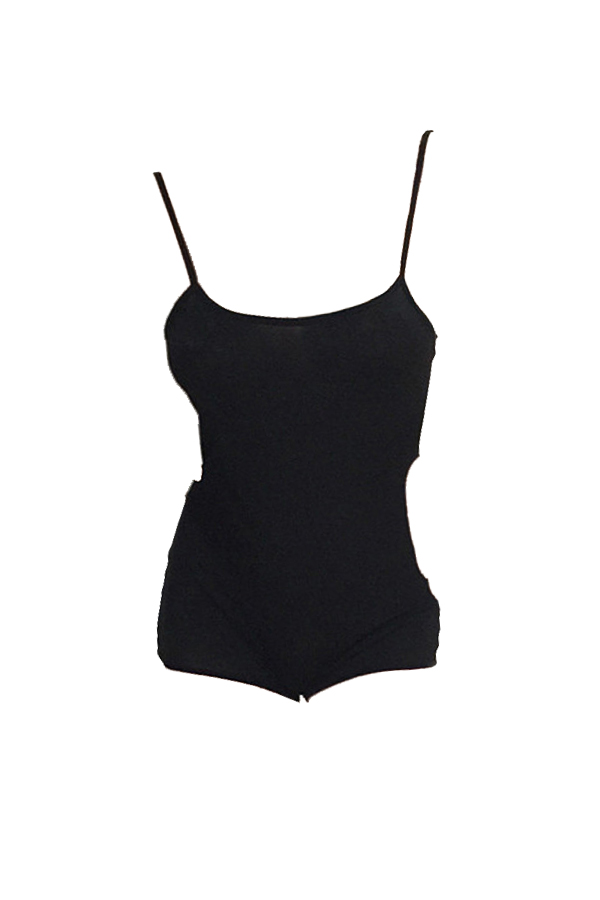  Sexy Spaghetti Strap Sleeveless Black Cotton One-piece Short Jumpsuit