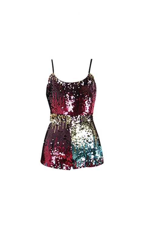  Sexy Spaghetti Strap Sleeveless Gradient Sequins Decoration Polyester Two-piece Shorts Set