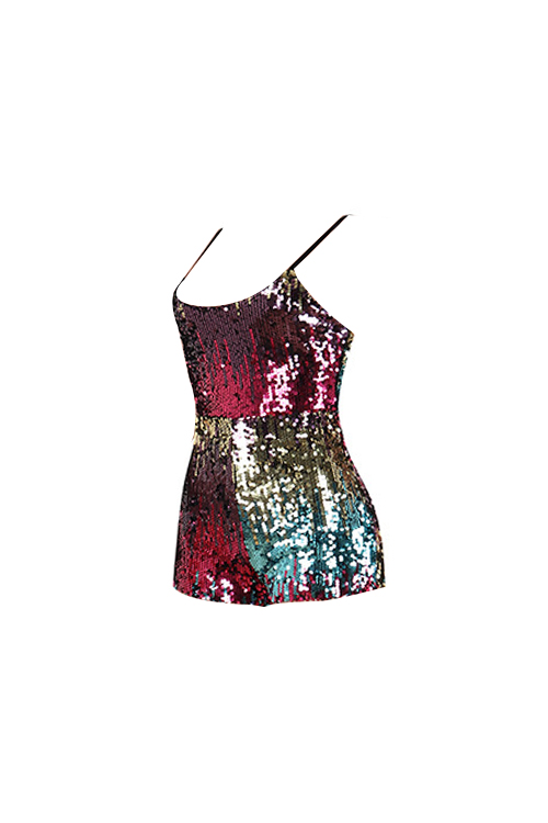  Sexy Spaghetti Strap Sleeveless Gradient Sequins Decoration Polyester Two-piece Shorts Set