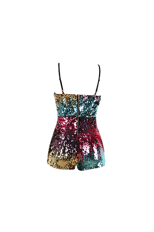  Sexy Spaghetti Strap Sleeveless Gradient Sequins Decoration Polyester Two-piece Shorts Set