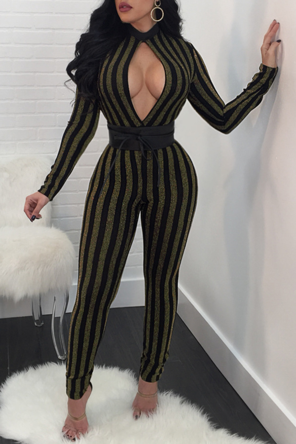  Sexy Stand Collar Hollow-out Striped Polyester One-piece Jumpsuits