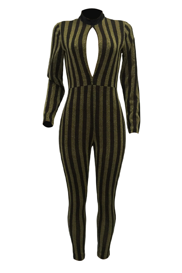  Sexy Stand Collar Hollow-out Striped Polyester One-piece Jumpsuits