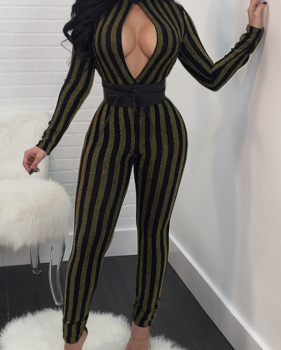  Sexy Stand Collar Hollow-out Striped Polyester One-piece Jumpsuits