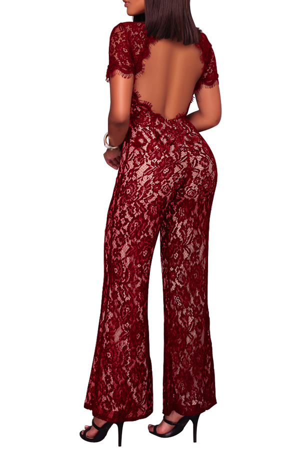  Sexy Stand Collar Hollow-out Wine Red Bud Silk One-piece Jumpsuits