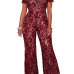  Sexy Stand Collar Hollow-out Wine Red Bud Silk One-piece Jumpsuits