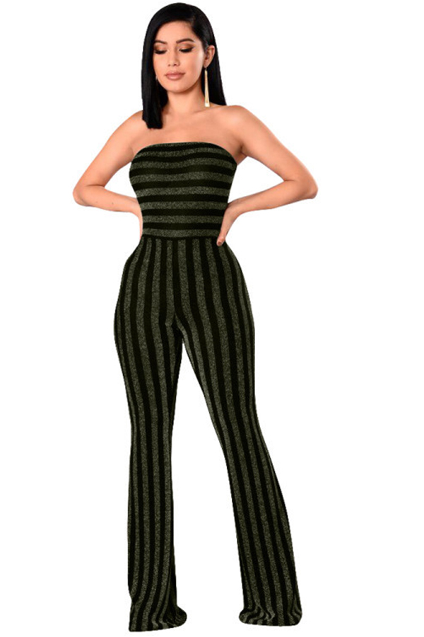  Sexy Strapless Striped Green Polyester One-piece Jumpsuits