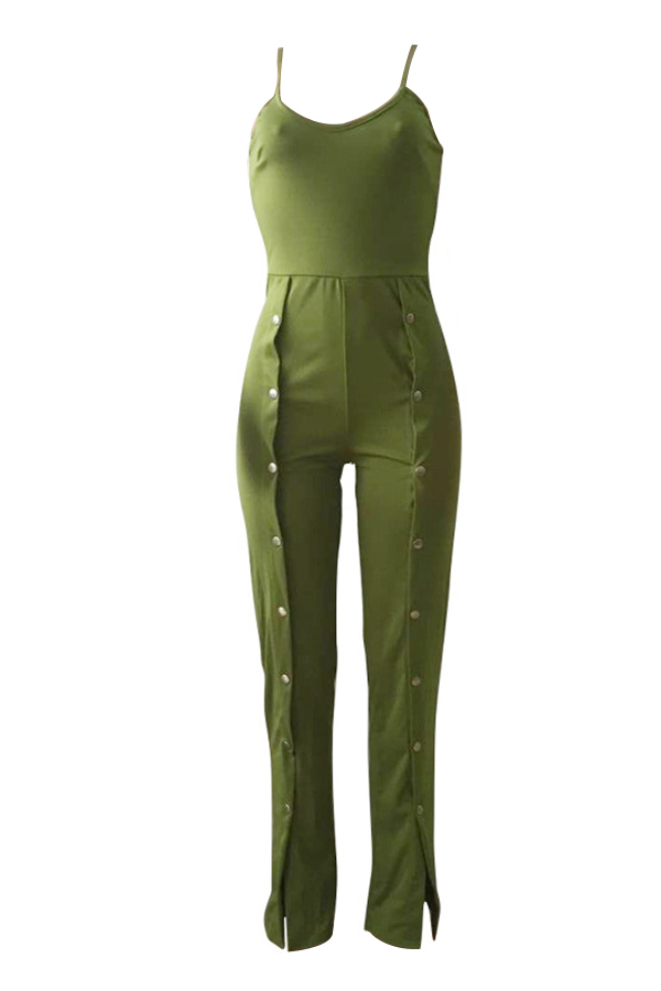  Sexy U Neck Buttoned Design Green Polyester One-piece Jumpsuits