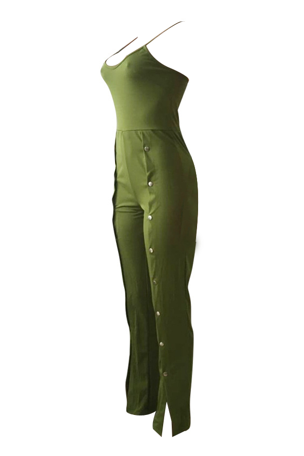  Sexy U Neck Buttoned Design Green Polyester One-piece Jumpsuits