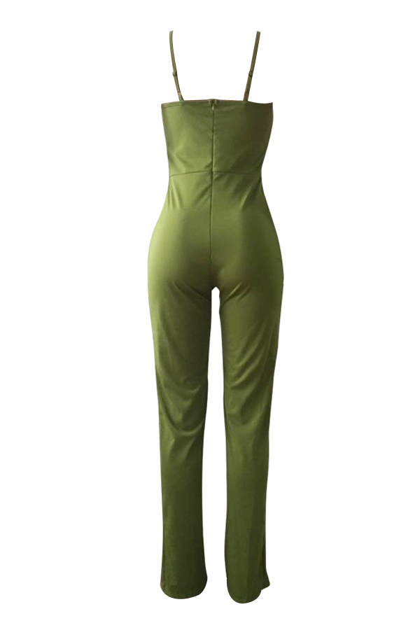  Sexy U Neck Buttoned Design Green Polyester One-piece Jumpsuits