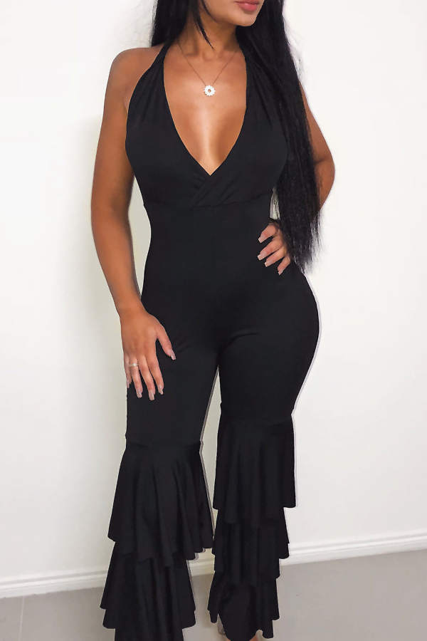  Sexy V Neck Backless Three Layers Trumpet Design Black Cotton Blends One-piece Jumpsuits