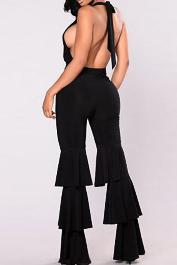  Sexy V Neck Backless Three Layers Trumpet Design Black Cotton Blends One-piece Jumpsuits