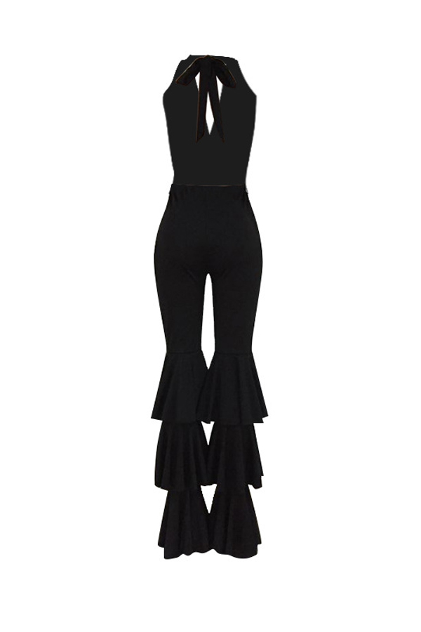  Sexy V Neck Backless Three Layers Trumpet Design Black Cotton Blends One-piece Jumpsuits