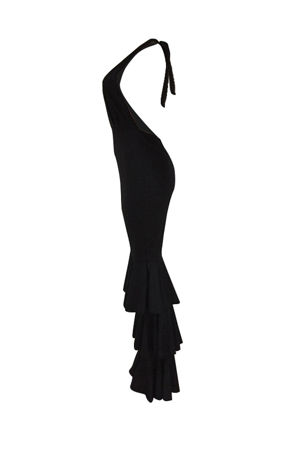  Sexy V Neck Backless Three Layers Trumpet Design Black Cotton Blends One-piece Jumpsuits