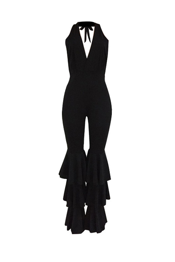  Sexy V Neck Backless Three Layers Trumpet Design Black Cotton Blends One-piece Jumpsuits