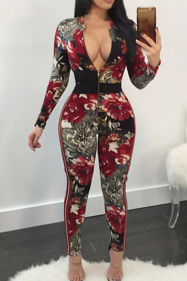  Sexy V Neck Floral Printed Red Polyester One-piece Jumpsuits