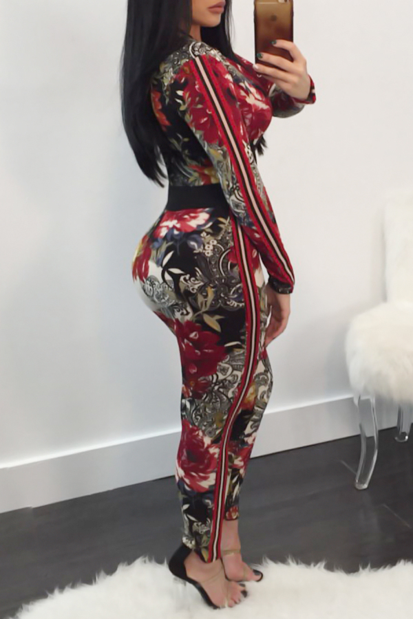  Sexy V Neck Floral Printed Red Polyester One-piece Jumpsuits