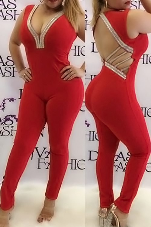  Sexy V Neck Hollow-out Red Polyester One-piece Jumpsuits