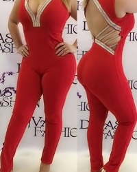  Sexy V Neck Hollow-out Red Polyester One-piece Jumpsuits