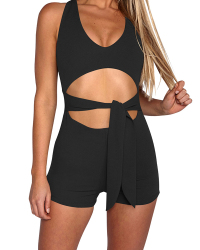  Sexy V Neck Lace-up Hollow-out Black Cotton Blends One-piece Jumpsuits