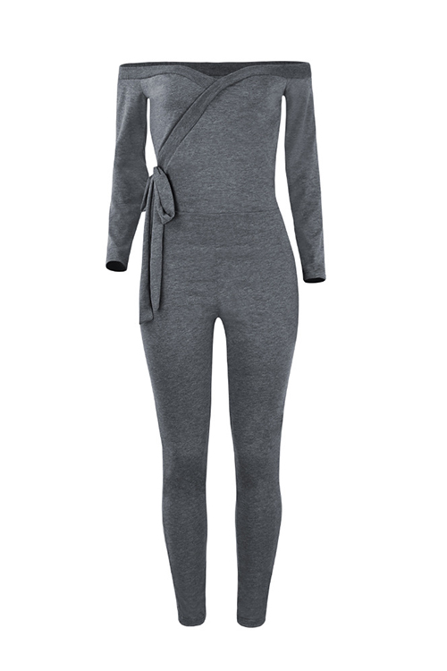  Sexy V Neck Lacing Design Dark Grey Cotton Blends One-piece Jumpsuits