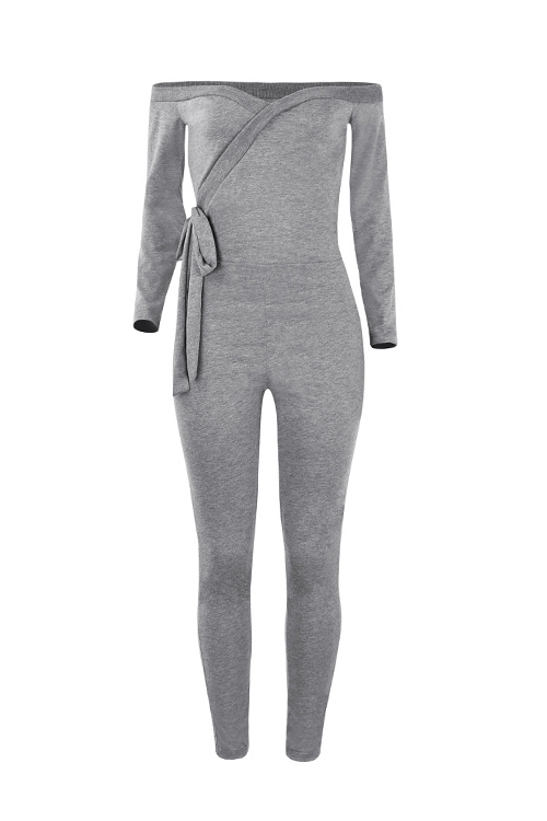  Sexy V Neck Lacing Design Light Grey Cotton Blends One-piece Jumpsuits